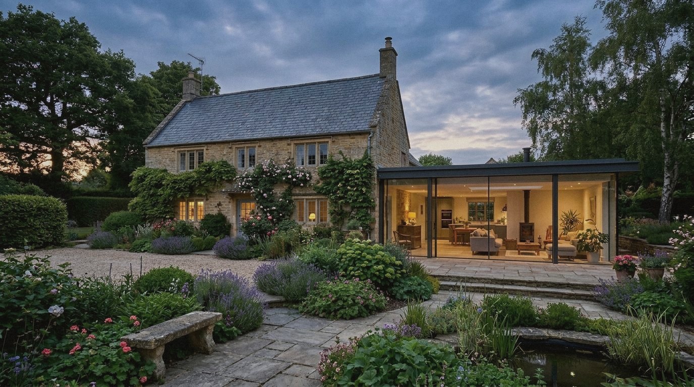 Cotswold stone cottage with a contemporary glass extension at dusk