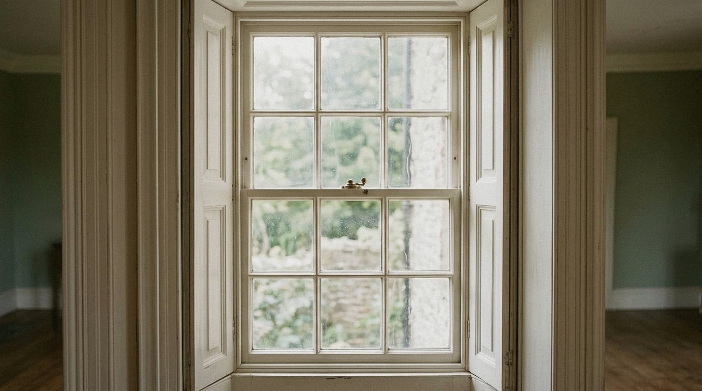 Restored Georgian sash window with panelled shutters