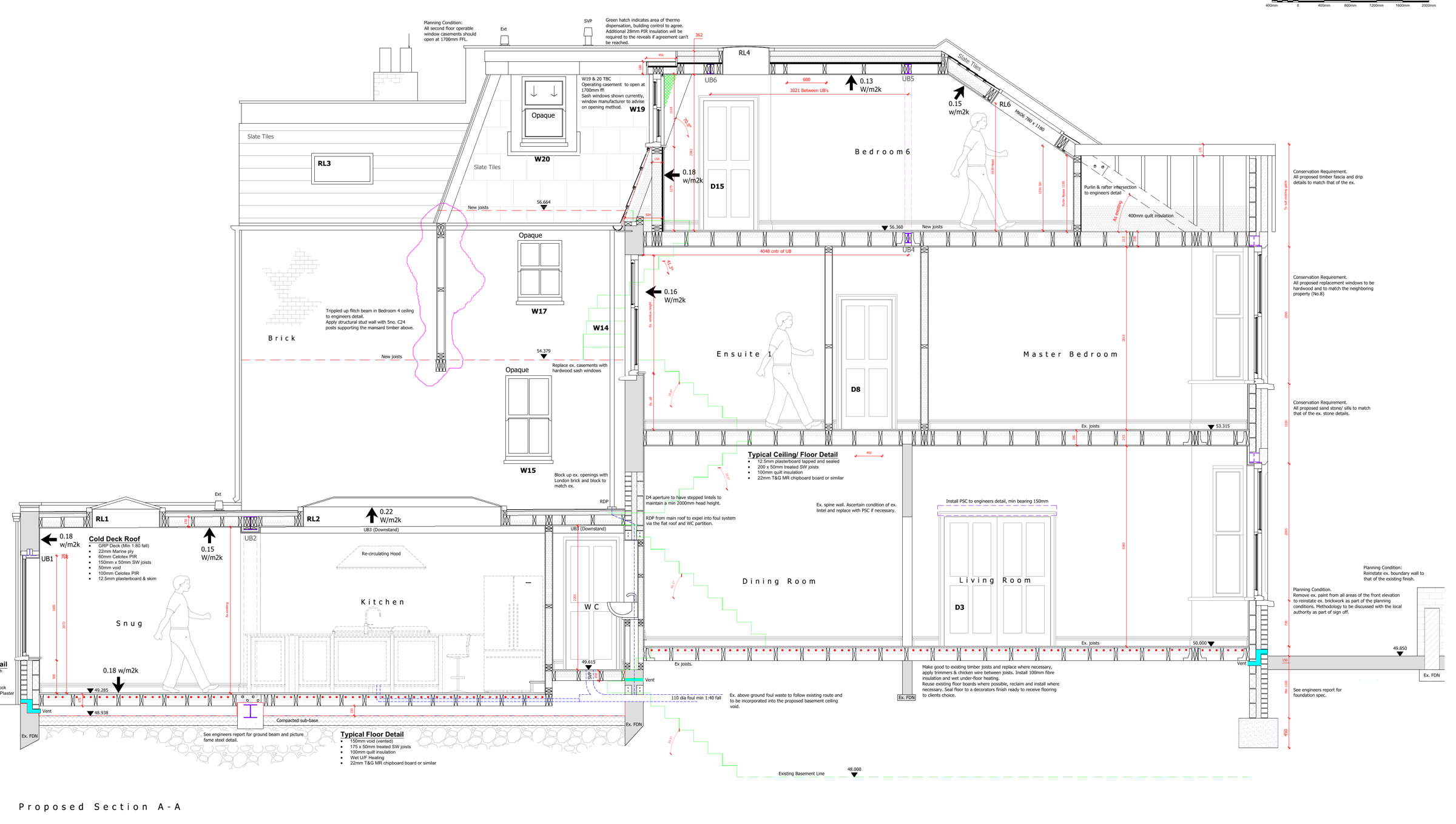 Construction section through the house showing the rear extension, floors, mansard roof and build-up details