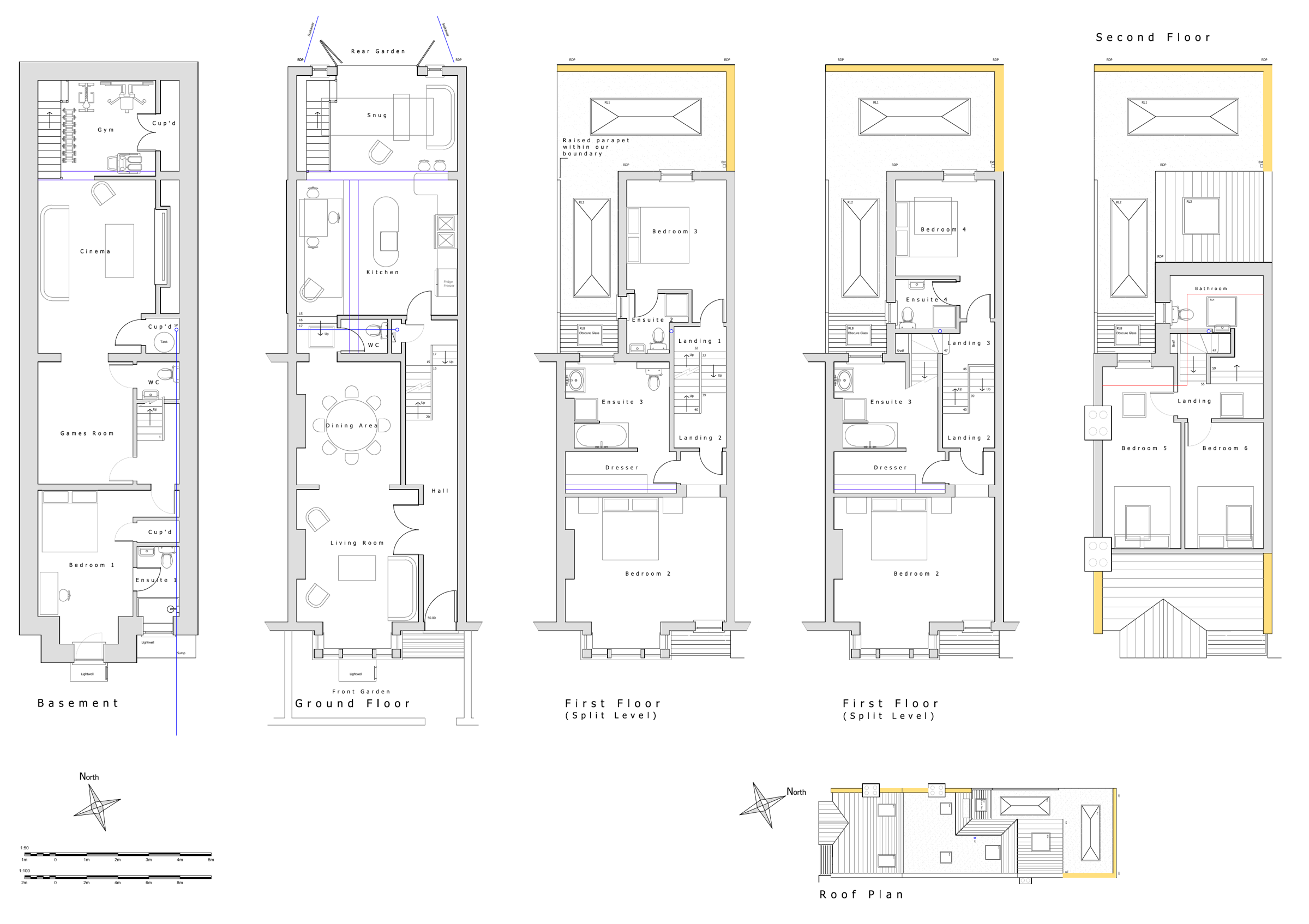 Proposed floor plans from basement to second floor and roof plan