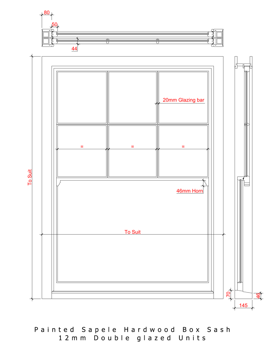 Detail drawing of a painted sapele hardwood box sash window with slim double glazing