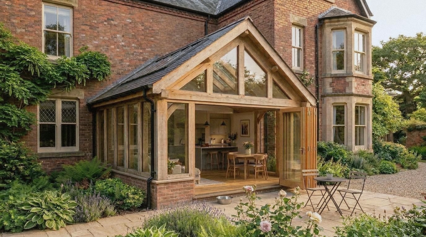 Oak-frame extension on a Victorian brick house