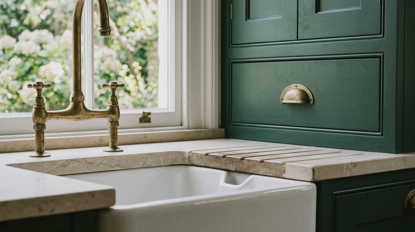 Butler sink with brass tap and green painted cabinetry in a period kitchen