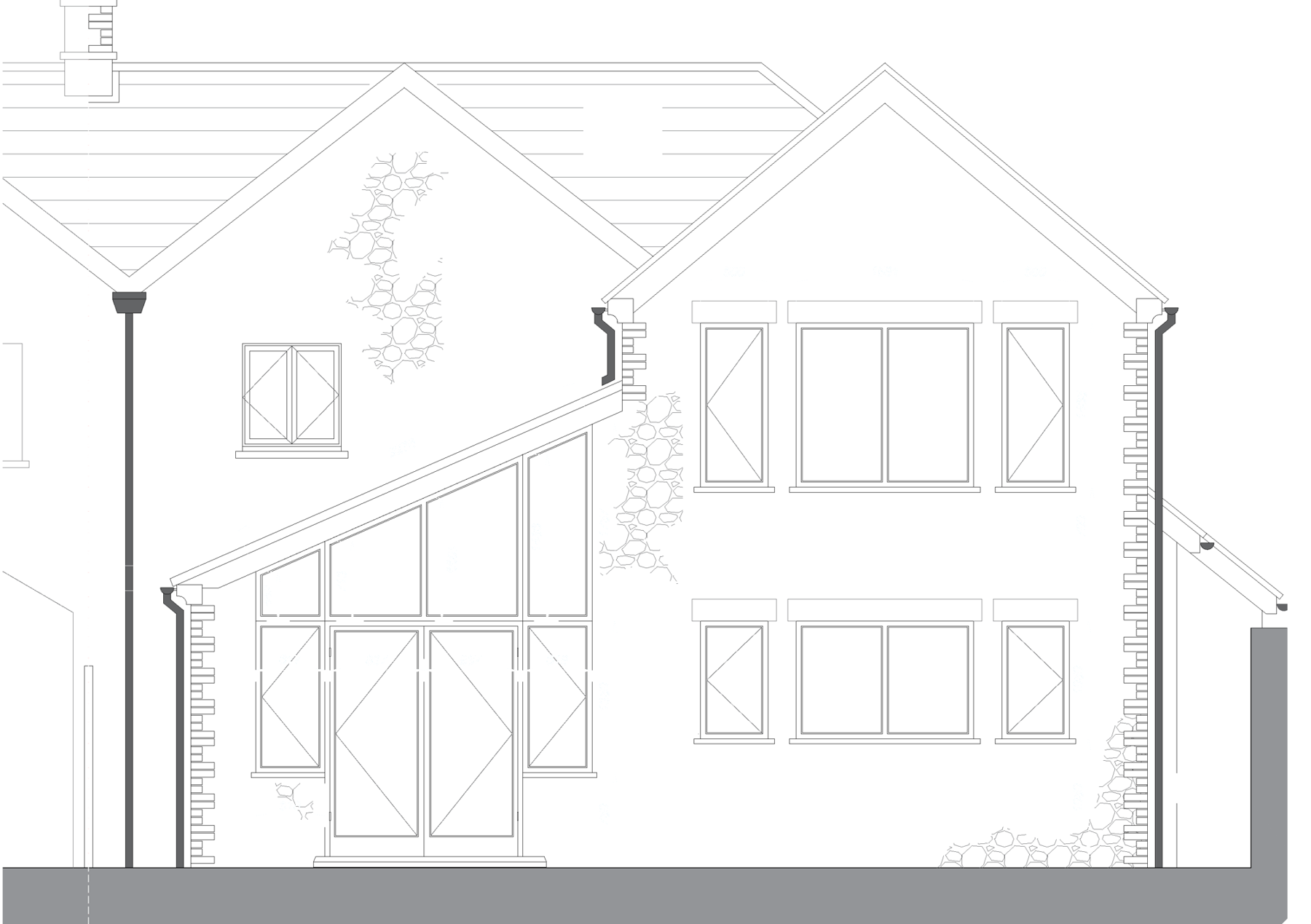 Proposed rear elevation drawing of the two-storey stone extension and garden room