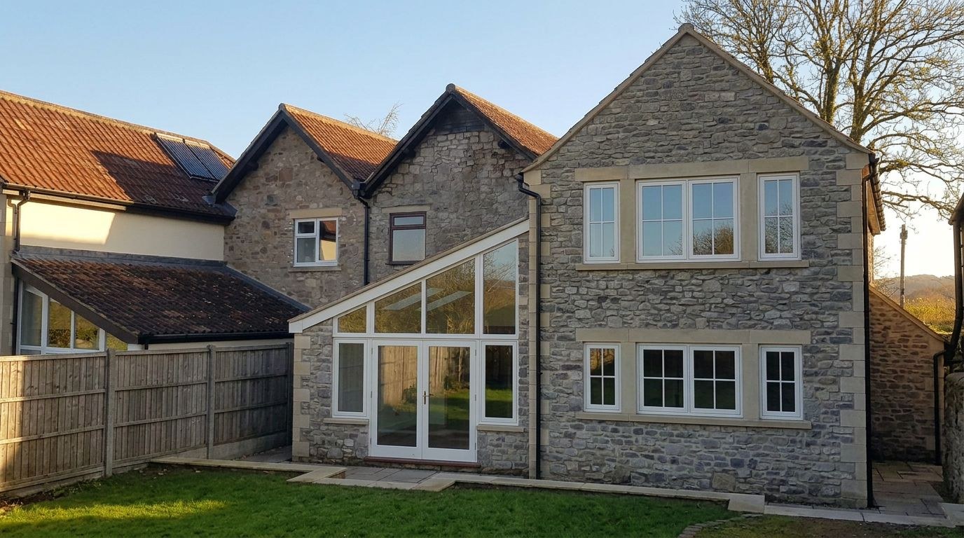 Two-storey rubble stone rear extension and glazed garden room on a country cottage